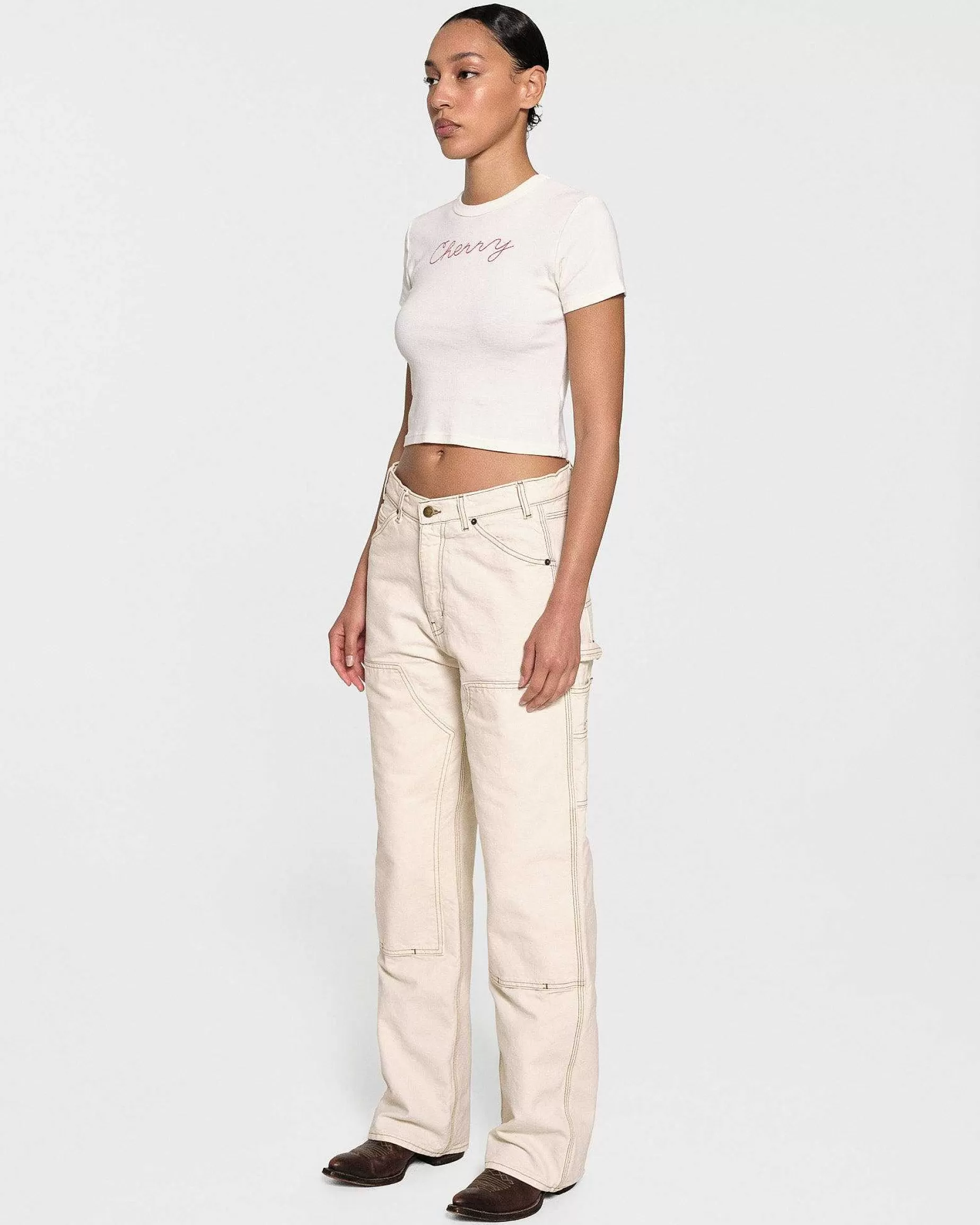 Cherry Women'S-Chain Stitch Baby Tee (Vintage White)