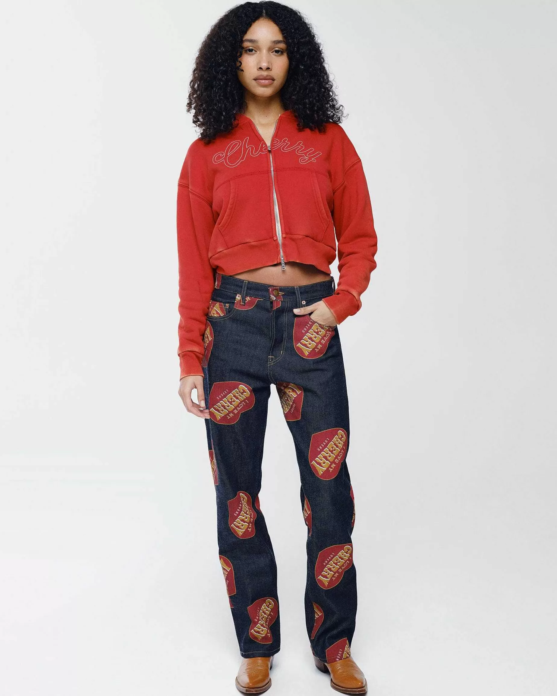 Cherry Sweatshirts-Cropped Thermal Zip-Up (Vintage Red)