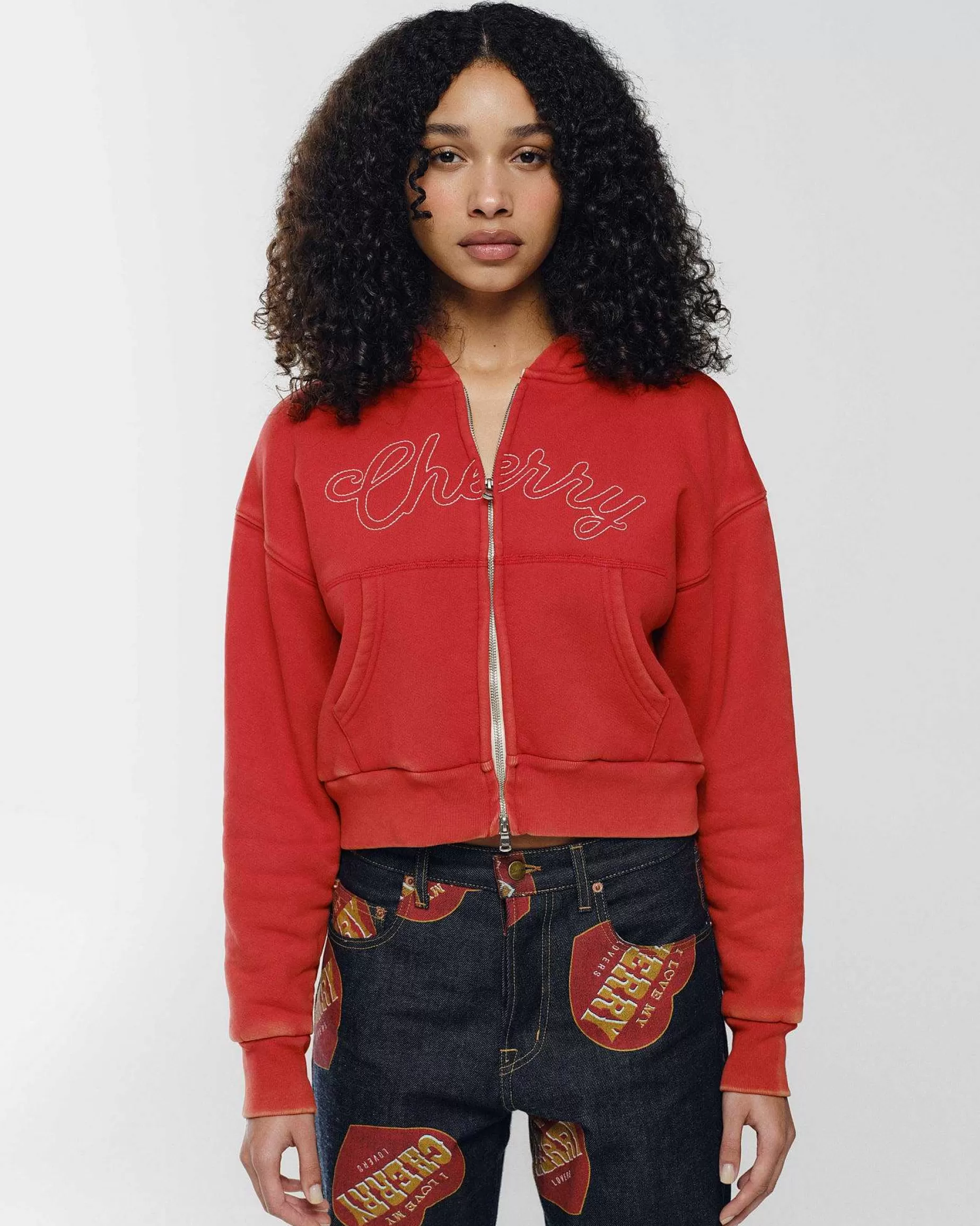 Cherry Sweatshirts-Cropped Thermal Zip-Up (Vintage Red)