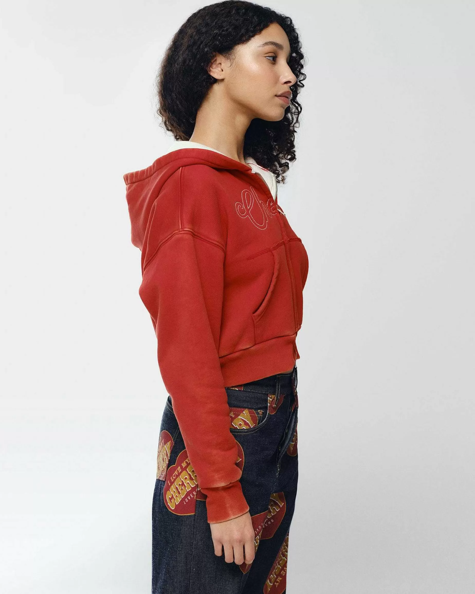 Cherry Sweatshirts-Cropped Thermal Zip-Up (Vintage Red)