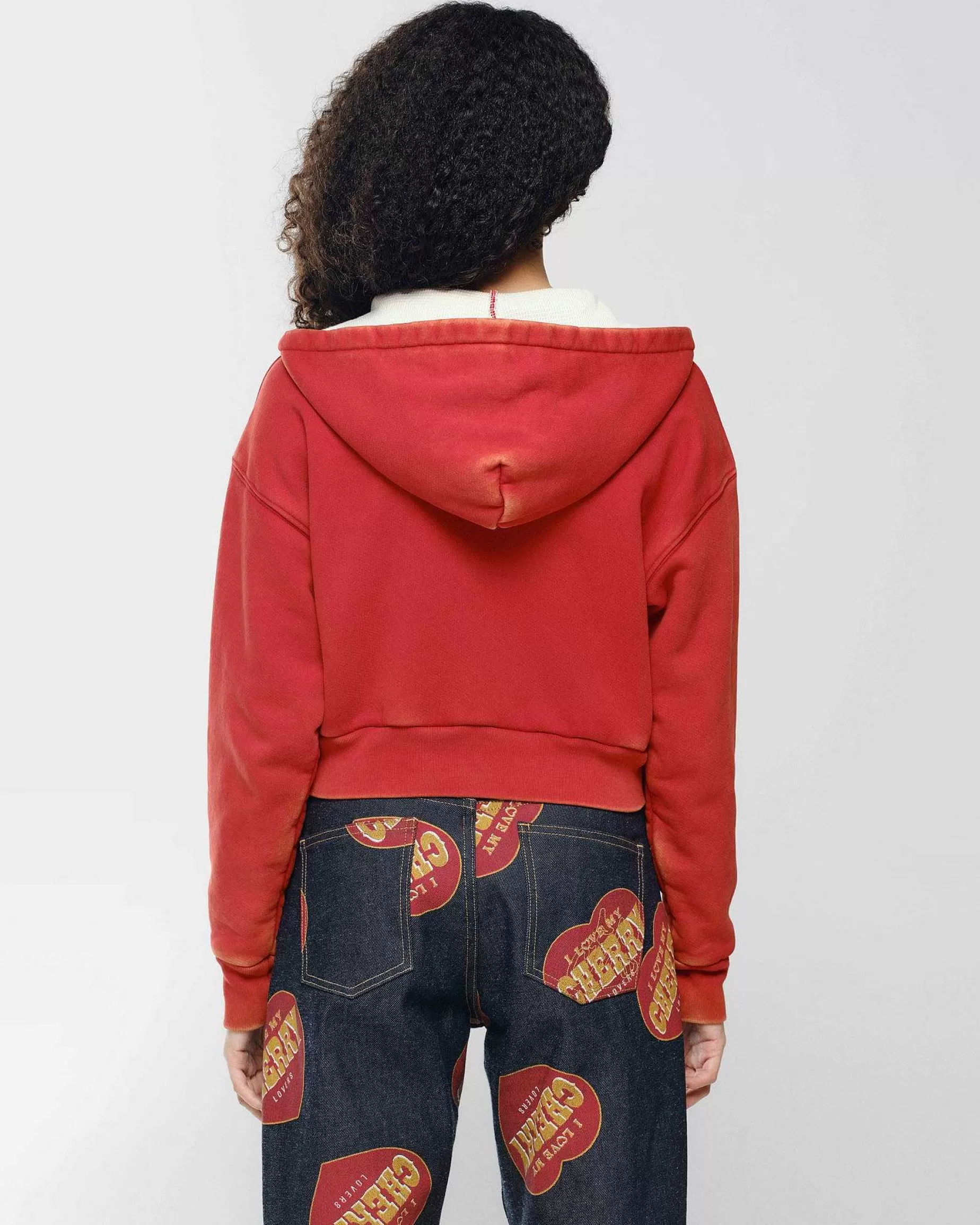 Cherry Sweatshirts-Cropped Thermal Zip-Up (Vintage Red)